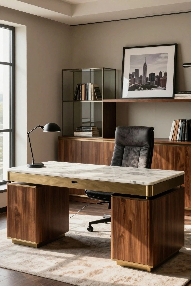 Modern home office with double-pedestal walnut desk featuring white marble top and brass accents, black leather swivel chair, glass-front bookcase, adjustable desk lamp, and framed black-and-white New York City skyline photo on beige wall beside large window.