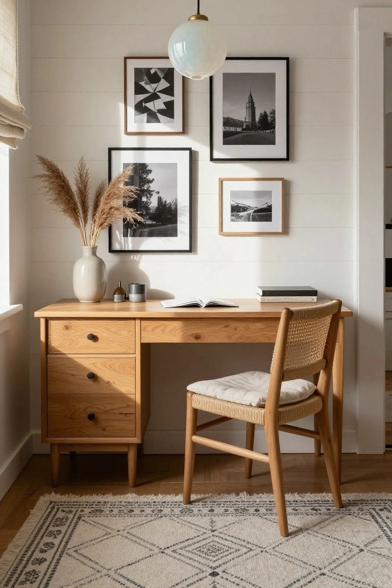 Home office corner with light wooden desk having drawers and brass knobs, rattan chair with white cushion, open book on desk, pampas grass in ceramic vase, and black-and-white framed photos on white shiplap wall under globe pendant light.