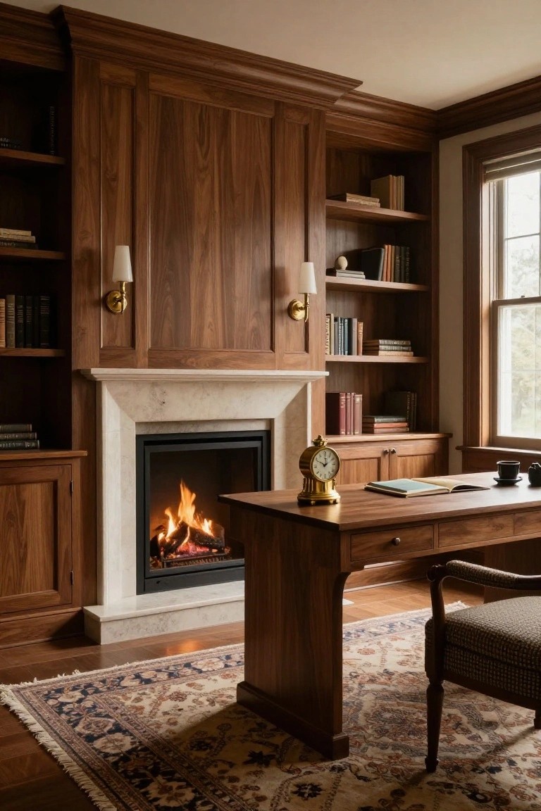 Wood-paneled home office interior with built-in bookshelves filled with books, marble fireplace containing a fire, wooden desk positioned next to the fireplace, chair, clock, and window.