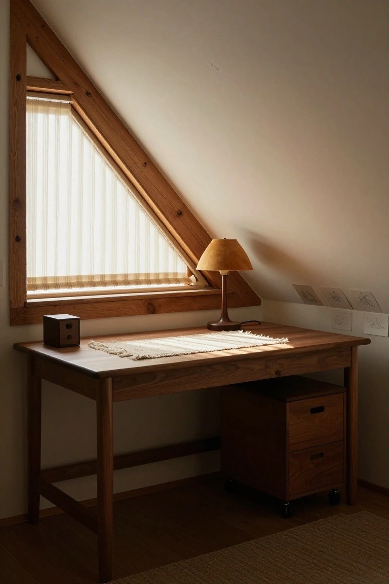 Wooden desk with fringed runner and small wooden box on top, beside matching cabinet on wheels, in attic room with sloped wooden ceiling and window covered by vertical blinds.