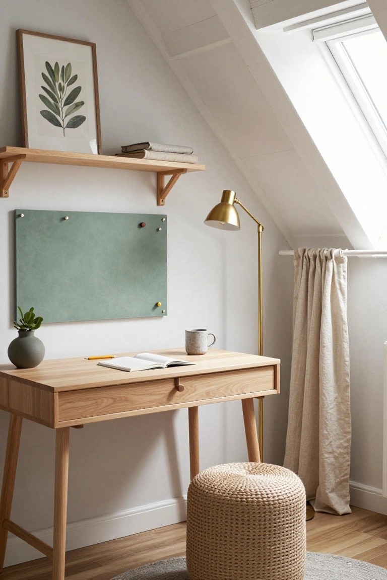 Home office in attic room with sloped white ceiling, light oak desk holding open notebook and pencil, green fabric bulletin board with pins, gold arc lamp, wooden wall shelves with books, small potted plant, beige linen curtain, and woven rattan pouf stool on wood floor with rug.