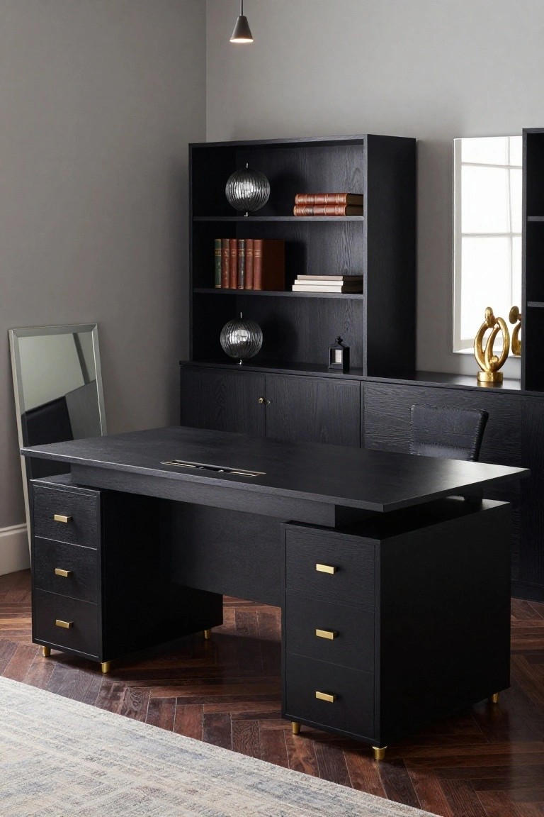 A modern home office with large black wood desk on brass legs, pedestal drawers with brass pulls, flanked by black wood bookshelves and cabinets, gray walls, mirror, and herringbone parquet floor.