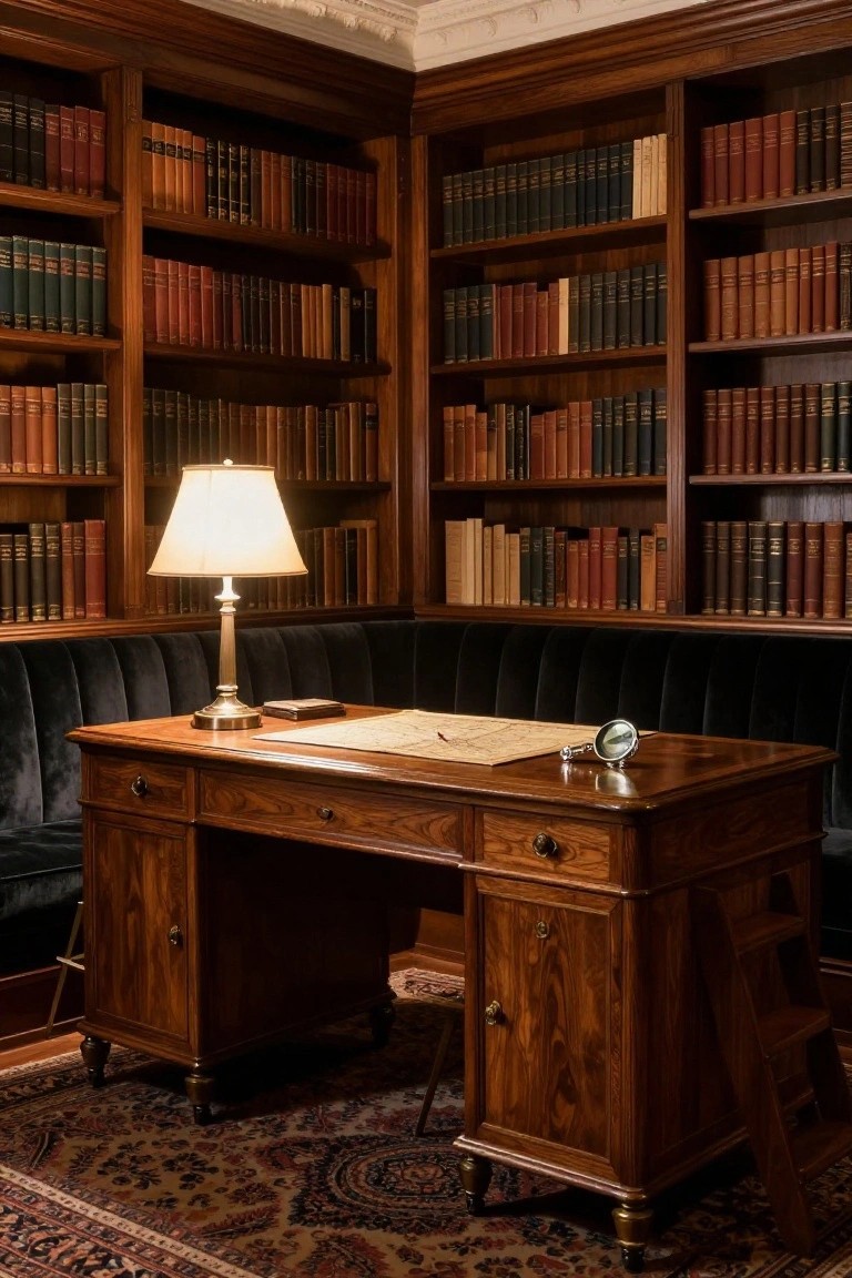 Wood-paneled corner office with tall bookshelves filled with leather-bound books, wooden desk holding a parchment map and brass magnifying glass, brass table lamp, and dark velvet banquette seating on a patterned rug.