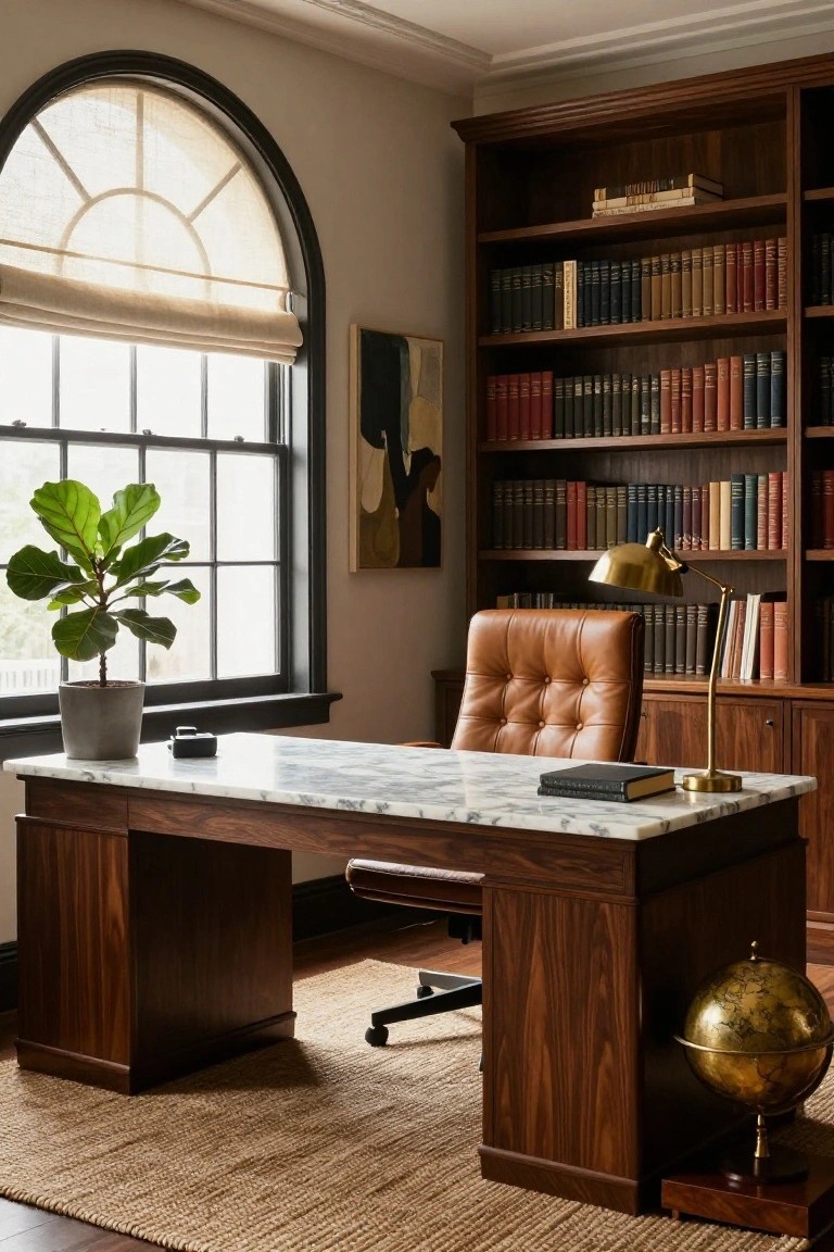 A home office with floor-to-ceiling dark wood bookshelves filled with books, wooden desk topped with white marble, tan tufted leather chair, brass lamp, potted green plant by arched window with beige shade, and brass globe on wood base.