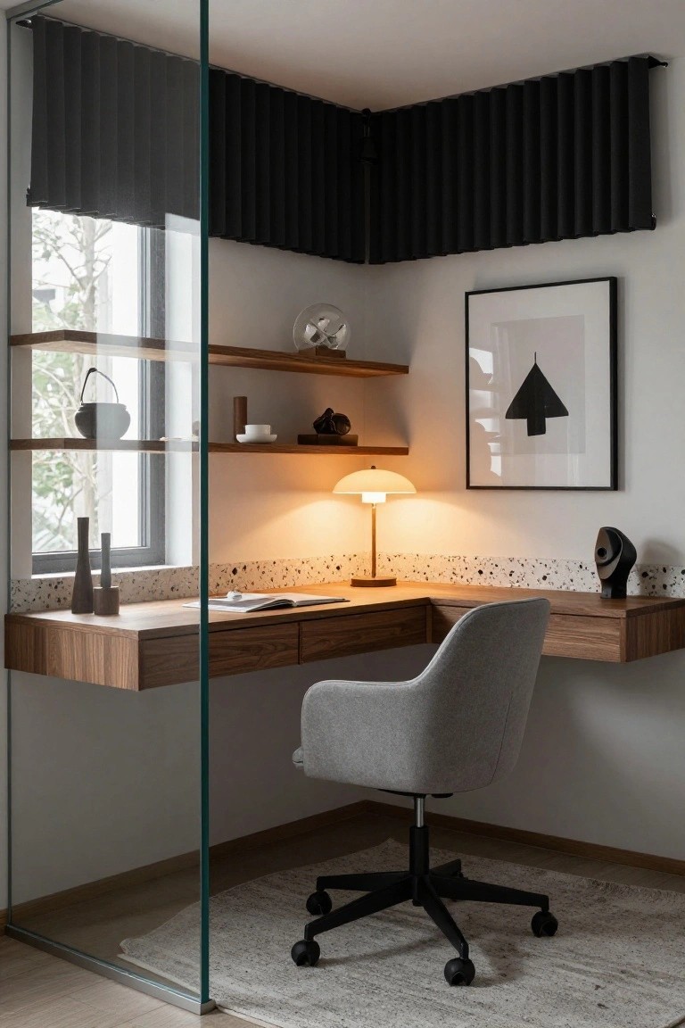 Modern home office corner with floating L-shaped walnut desk, gray upholstered swivel chair on casters, open wooden shelves holding ceramics and a lamp, black abstract wall art, and glass partition beside a window.