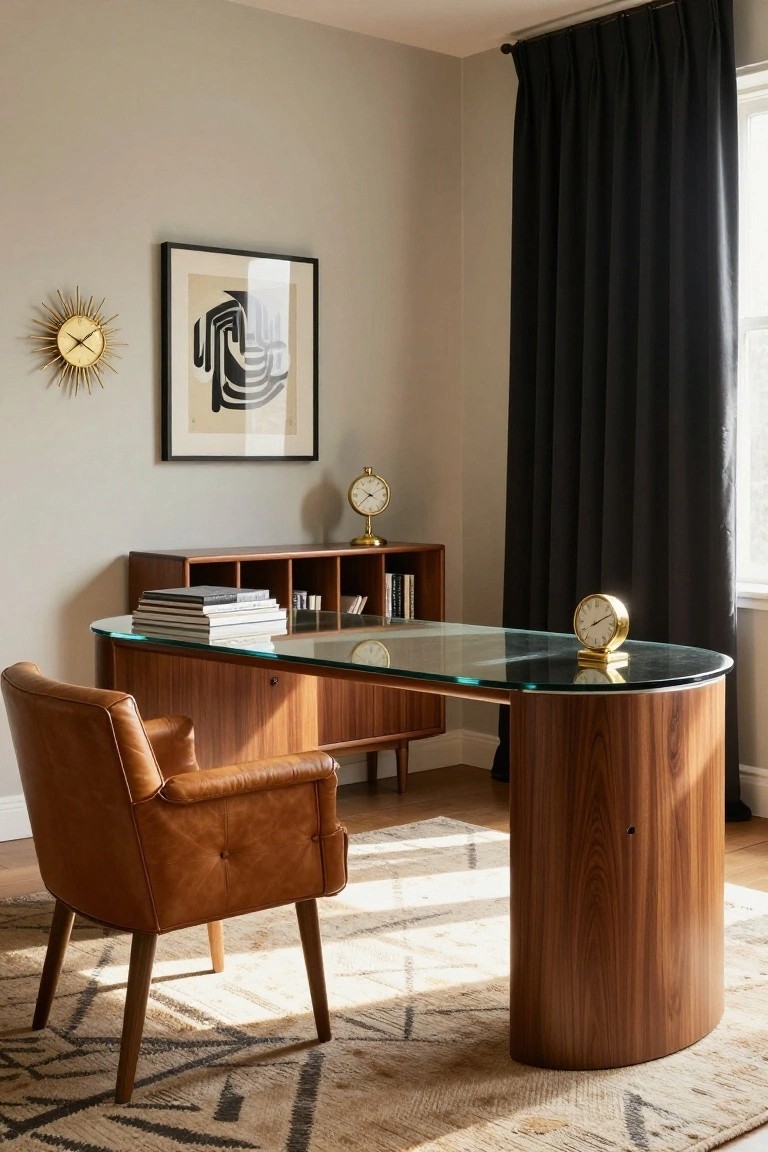 Home office interior with curved wooden desk topped in glass, tan leather armchair, wooden credenza with books, beige walls, black curtains over window, gold sunburst wall clock, and beige rug with geometric pattern.