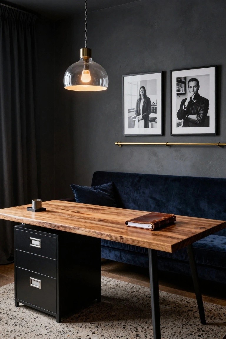 Modern home office interior with live-edge wooden desk integrated with black metal pedestal cabinet, adjacent deep blue velvet sofa with pillows, two black-and-white framed portraits on gold brass hanging rod, glass pendant lamp, dark gray textured walls, and speckled carpet floor.