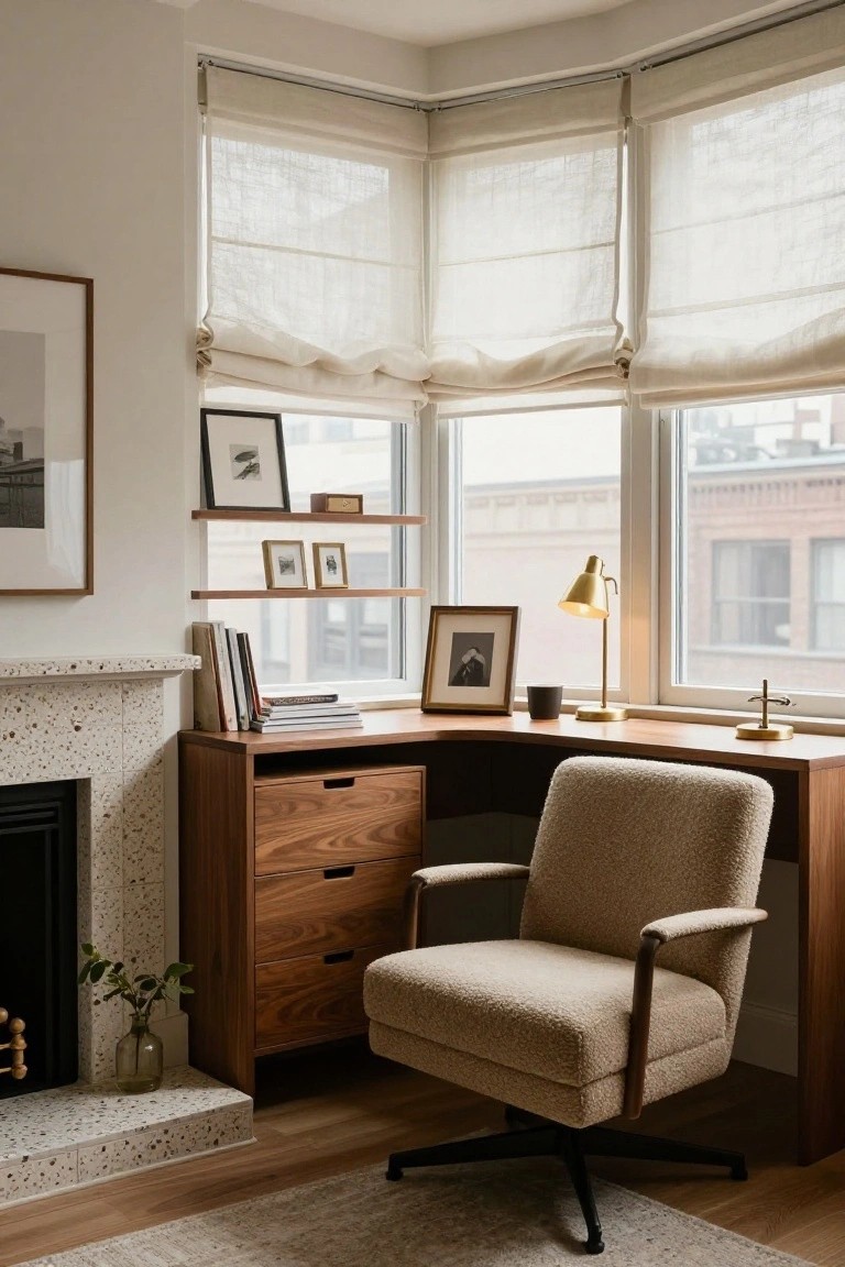 Corner office setup with walnut wood desk and drawers, beige upholstered swivel chair, speckled tile fireplace, floating shelves with frames, and bay windows with linen roman shades.