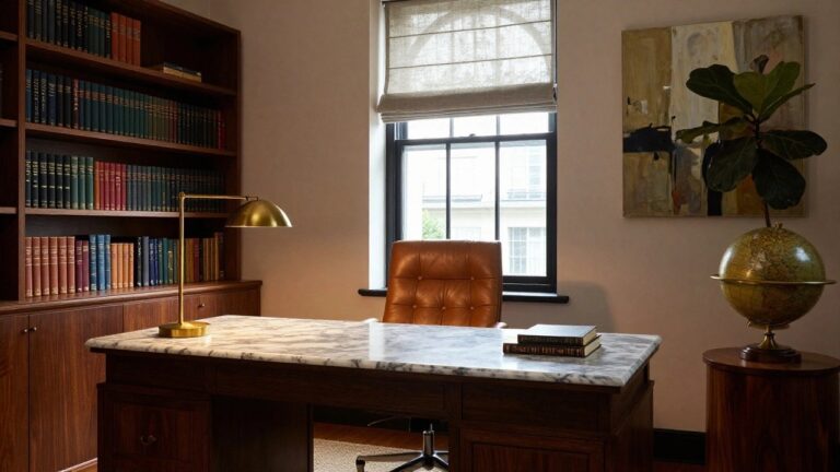 A home office with floor-to-ceiling dark wood bookshelves filled with books, wooden desk topped with white marble, tan tufted leather chair, brass lamp, potted green plant by arched window with beige shade, and brass globe on wood base.