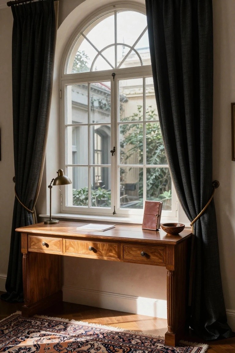 A sunlit home office corner with a wooden desk topped by papers, a brass adjustable lamp, a leather-bound book, and a wooden bowl, flanked by heavy gray drapes on an arched window overlooking a greenery-filled courtyard, atop a patterned Persian rug on hardwood floors.