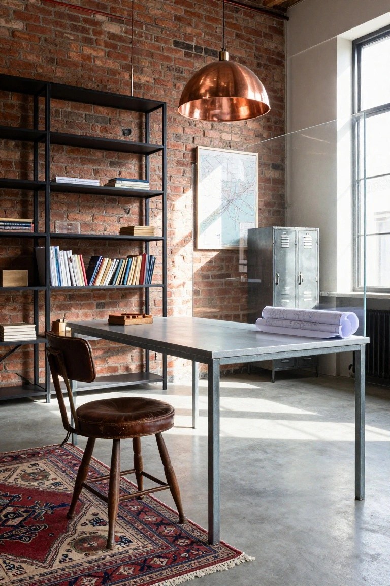 Home office with exposed red brick walls, black metal shelving unit holding books and boxes, gray metal desk topped with rolled blueprints, wooden stool with brown leather seat on a red and cream patterned rug, copper pendant light overhead, and gray metal locker cabinet near a window.