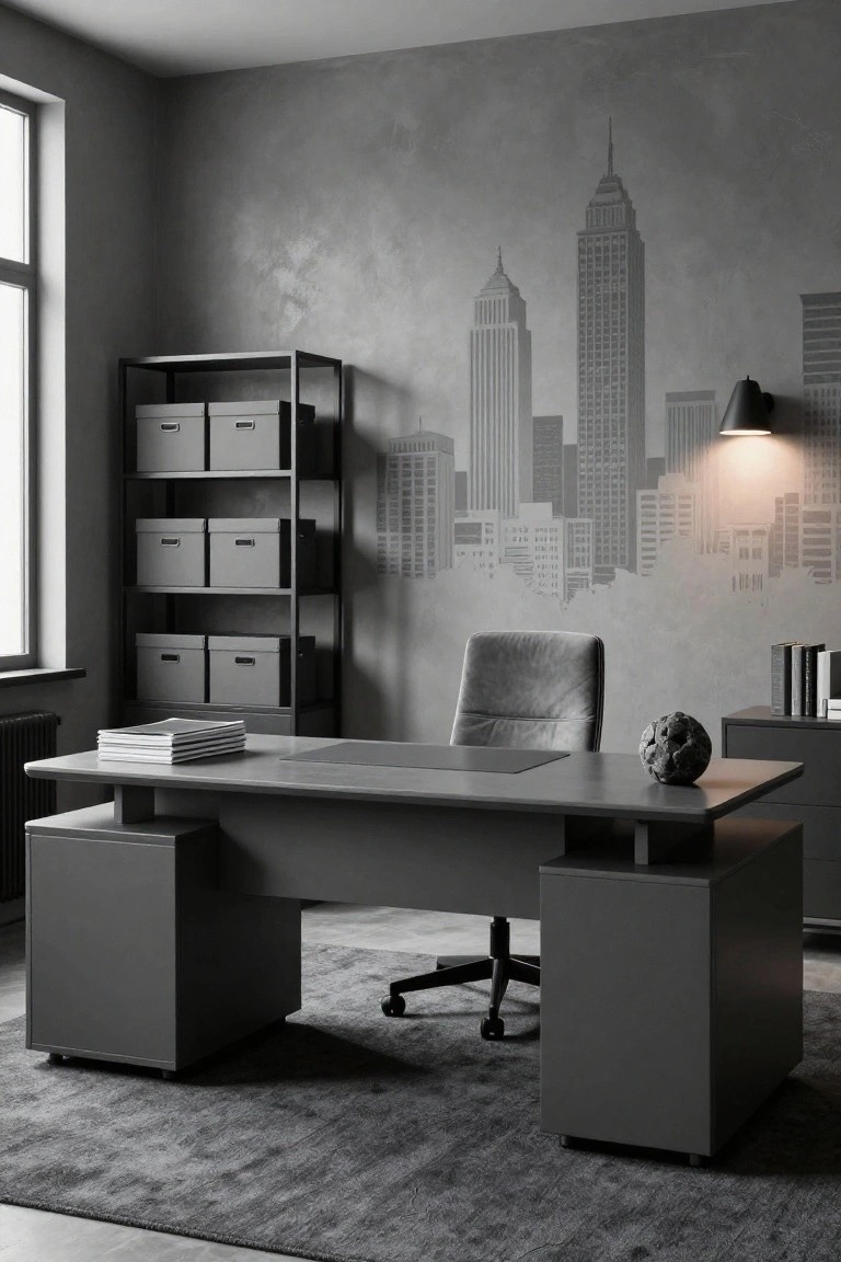 Gray-toned modern home office with large pedestal desk, gray swivel chair, metal shelving unit holding gray storage boxes, stack of papers on desk, stone orb accessory, and textured wall mural of city skyline under spotlight lamp.