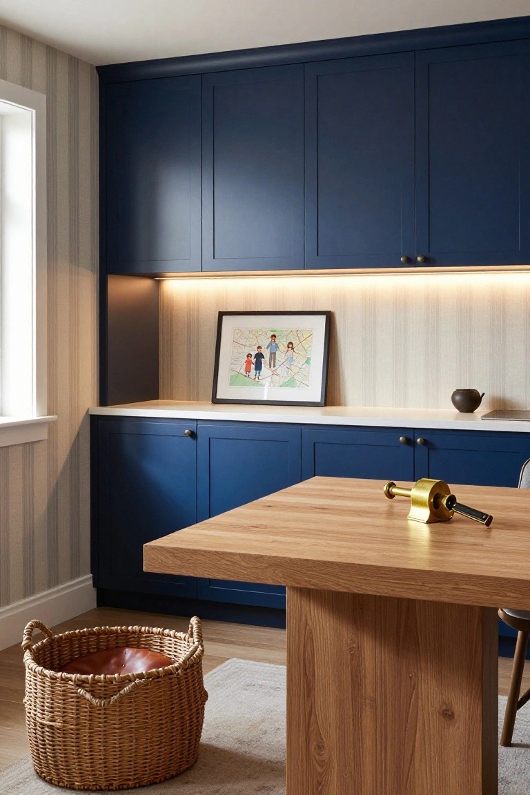 Home office interior with navy blue cabinets along a striped wallpaper wall, oak desk, framed child drawing, gold desk tool, teapot, wicker basket with leather cushion, and chair.