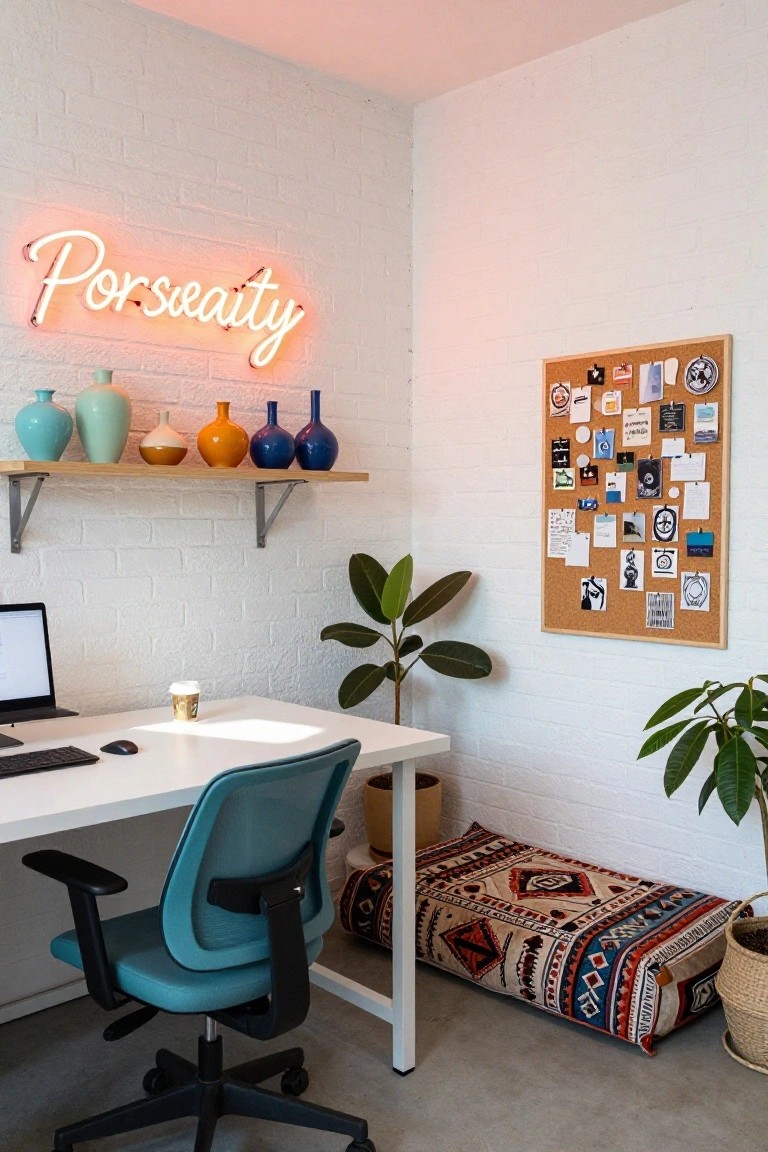 Corner home office with white brick walls, pink neon sign reading Porseawhatity, wooden floating shelf with colorful ceramic vases in teal, green, orange, and blue, cork bulletin board covered in pinned notes and photos, white desk with open laptop, keyboard, gold coffee cup, teal mesh office chair, potted plants, and patterned fabric floor cushion on concrete floor.