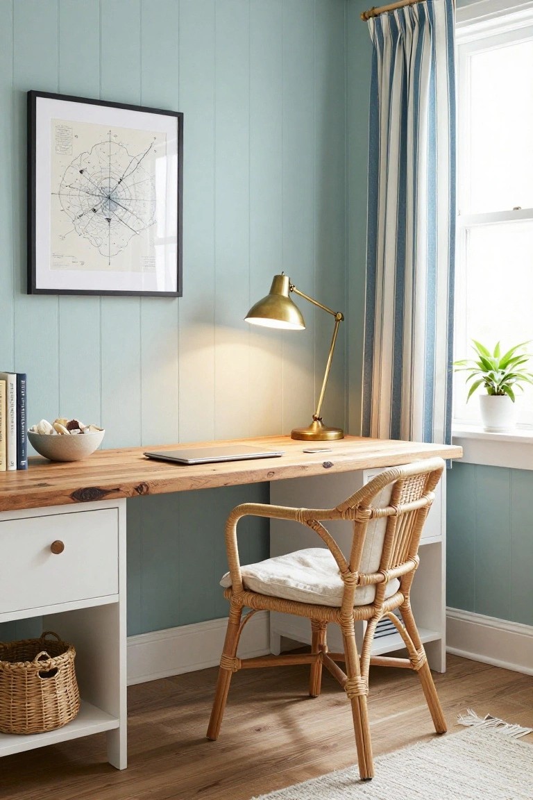Home office with pale blue shiplap walls, wooden desk topped with laptop and lamp, rattan chair, books, bowl of shells, framed map artwork, potted plant, and window with blue-and-white striped curtains.