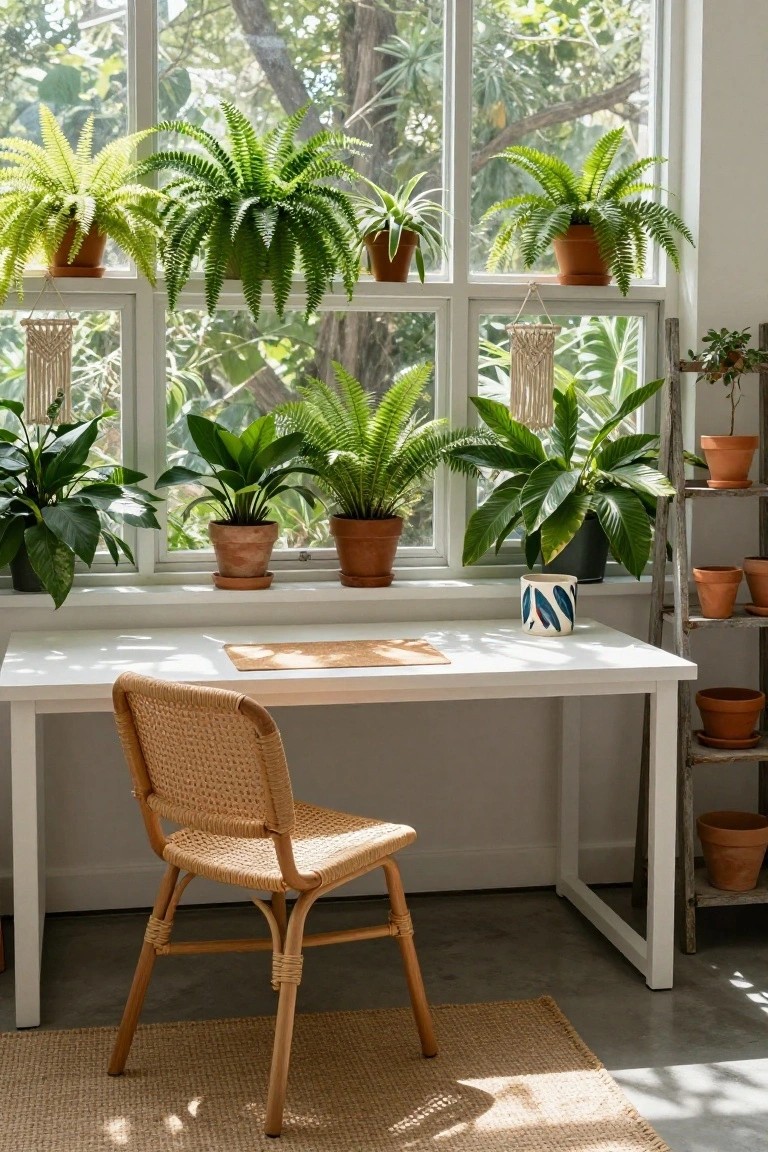 A white desk with rattan chair in front of large windowsills covered in potted ferns and green plants, plus a plant stand and macrame hanger nearby.