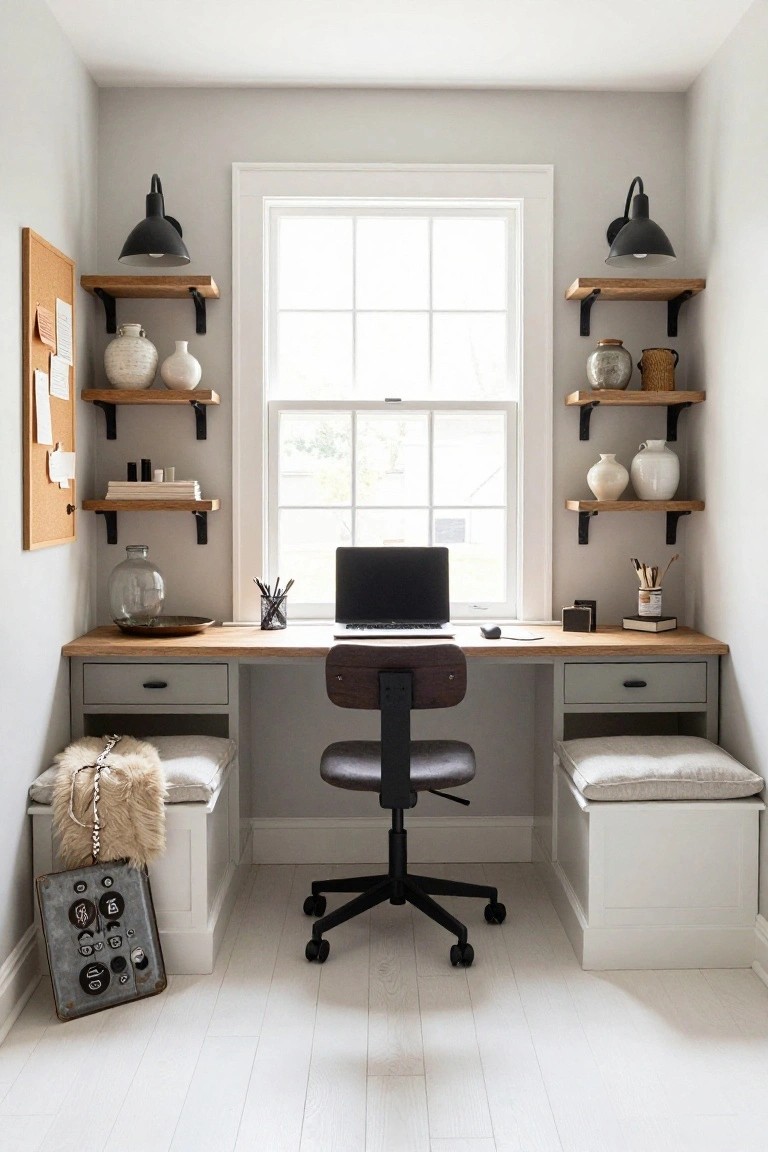 A compact home office in a light gray room with a wooden desk centered under a window, flanked by white built-in benches with cushions, wall-mounted shelves holding pottery and books, black sconces, and a corkboard on one wall.
