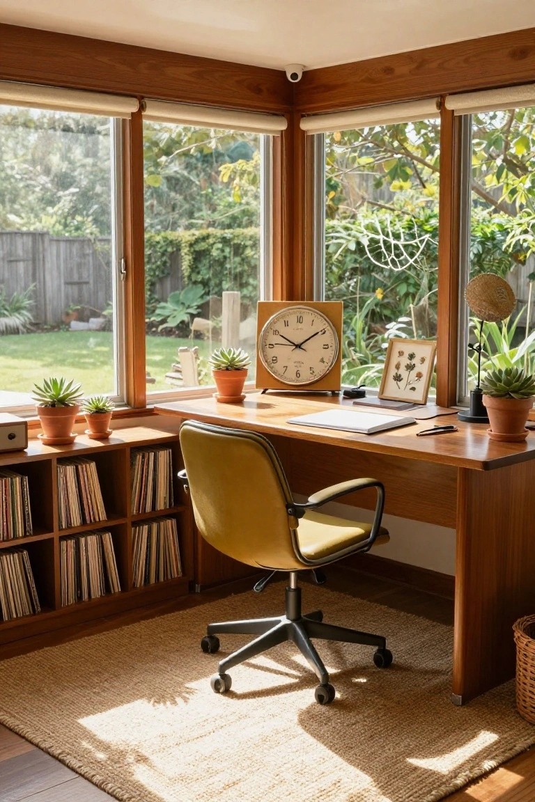 Wooden-paneled corner home office with built-in shelves holding records, wooden desk with papers and clock, yellow swivel chair, potted plants, and large windows overlooking a garden.