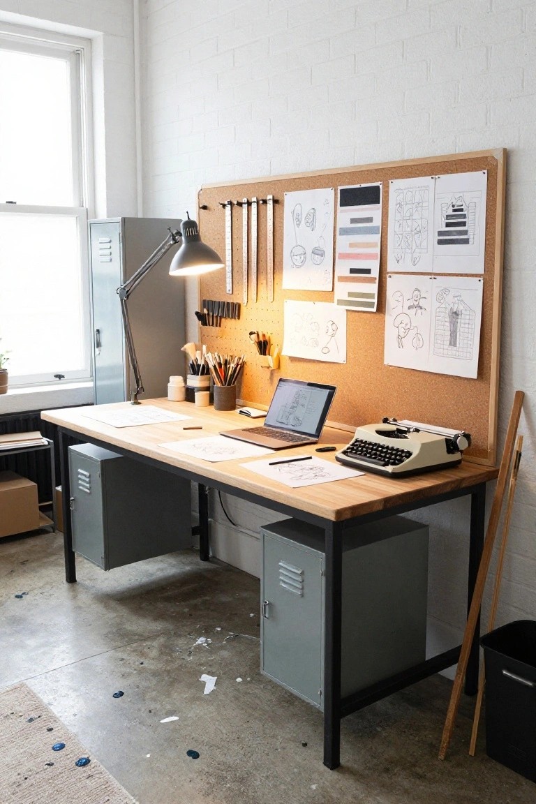 A home studio office with a large light wood desk on black metal frame and legs, gray metal cabinets underneath, corkboard wall with sketches and swatches, MacBook laptop, white typewriter, adjustable lamp, and scattered papers.