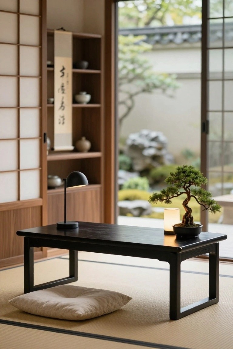 Japanese-style interior room with black low table on tatami mats, beige floor cushion, lit lamp, bonsai tree in black pot, wooden shelves with ceramics, and sliding shoji doors opening to a rock garden.