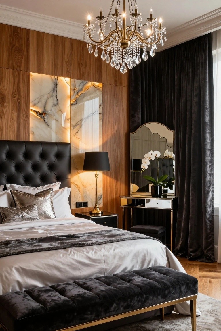Luxury bedroom with walnut wood paneled walls featuring a tall backlit white marble slab, black tufted leather headboard bed with silver pillows and sheets, crystal chandelier overhead, gold lamp on nightstand, arched mirror vanity holding orchids, and black velvet bench at bed foot.