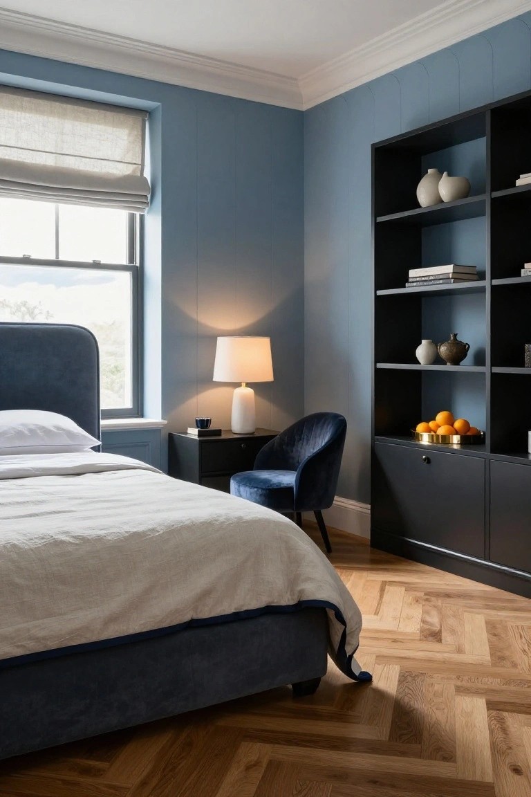 A bedroom featuring soft blue textured vertical wall panels, a blue velvet upholstered bed with white linens, black bookshelves with ceramics and oranges, a blue velvet chair, a lamp on a side table, and a window with linen roman shades over herringbone wood floors.