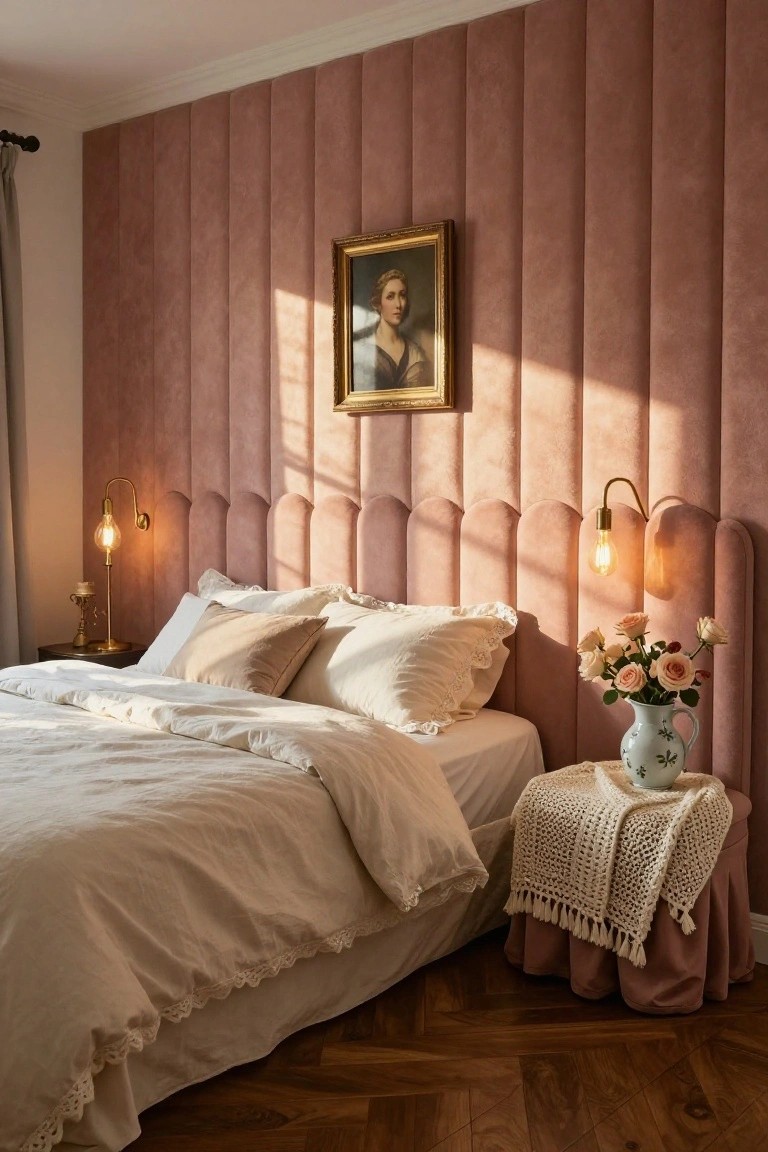 A bedroom interior with blush pink tufted upholstered wall panels forming a headboard and accent wall, gold wall sconces, a framed portrait painting, white linens on the bed, a blue vase of pink roses on a bedside table, and hardwood floors.