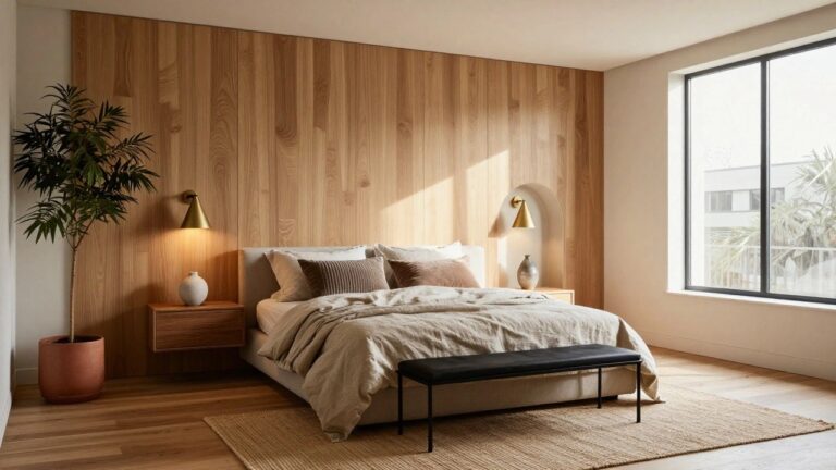 Bedroom with vertical light oak wood panel wall behind a bed with beige linens, arched niche in wall holding white vase lit by two gold sconces, potted plant on floor, wooden nightstand, black metal bench at bed foot, and large window.