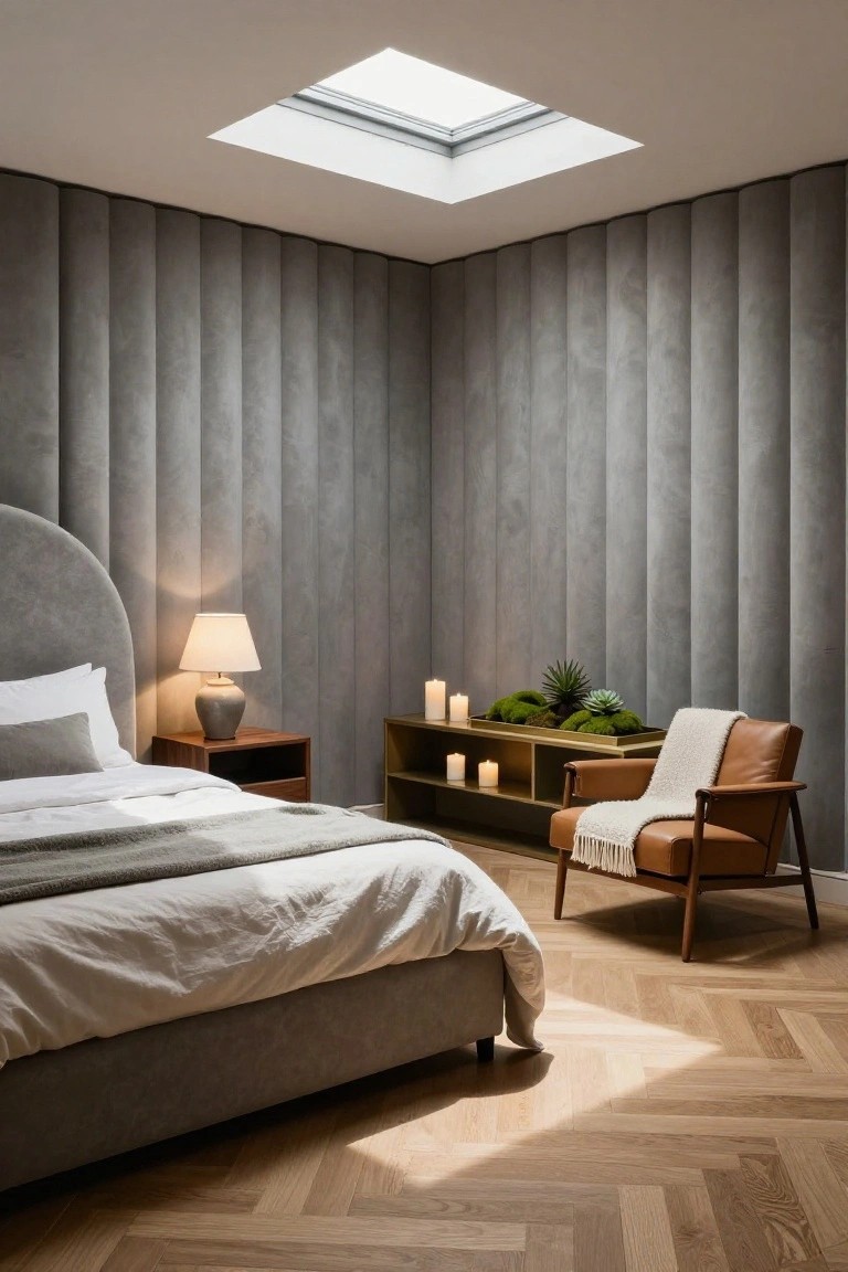 Modern bedroom with gray vertical fluted wall panels on two walls, gray rounded headboard bed with white and gray linens, wooden nightstand and lamp, gold shelf with candles and plants, tan leather chair with white throw, and light oak parquet floor under a skylight.