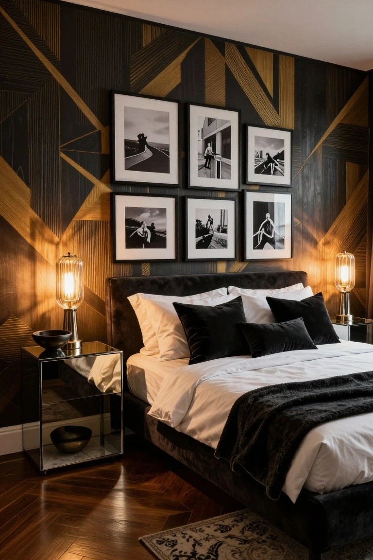 Bedroom interior with black geometric textured wall panels accented in gold, a dark upholstered bed with white sheets and black pillows, mirrored nightstands holding glass lamps and bowls, and six framed black-and-white photographs on the wall above the bed.