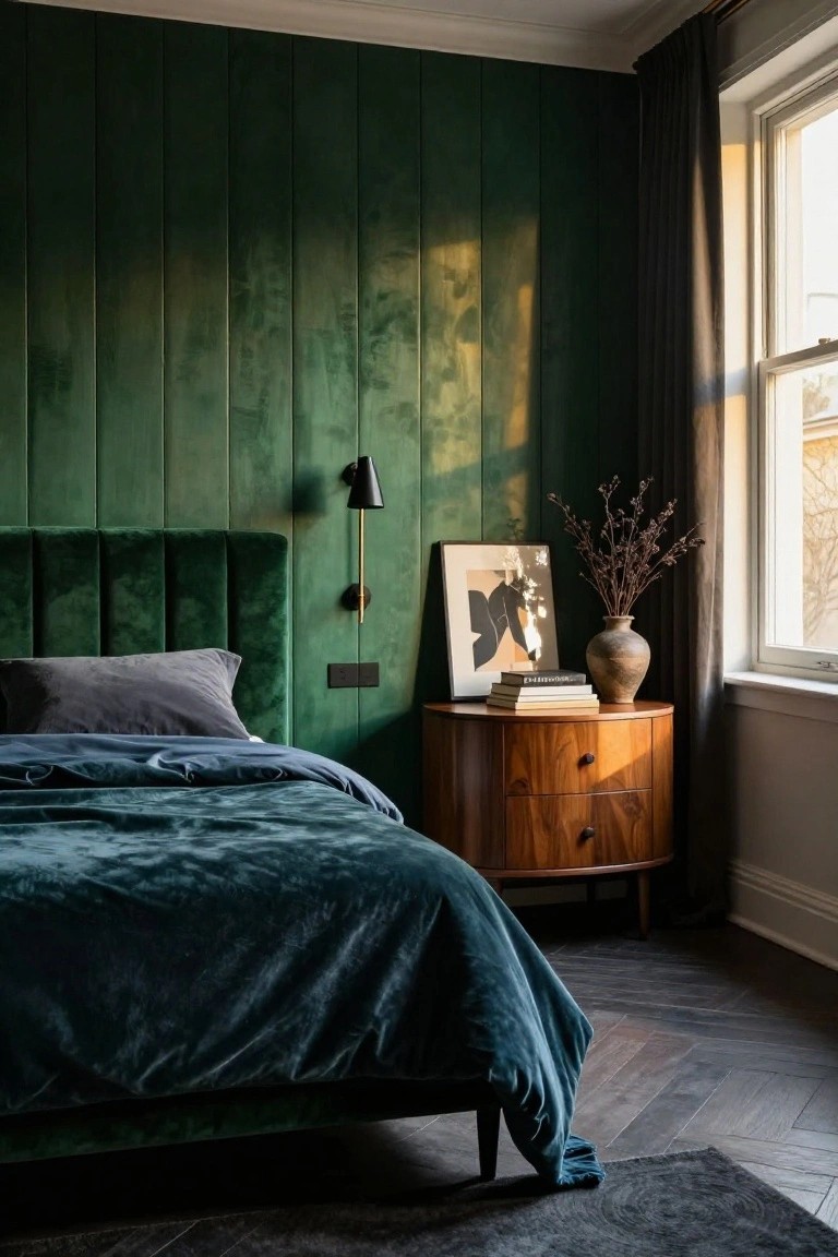 Bedroom with deep green velvet tufted wall panels, matching green velvet tufted bed with gray pillow and teal duvet, wooden curved nightstand holding books, vase with branches, and art frame, next to a tall window with gray curtains on a herringbone wood floor.