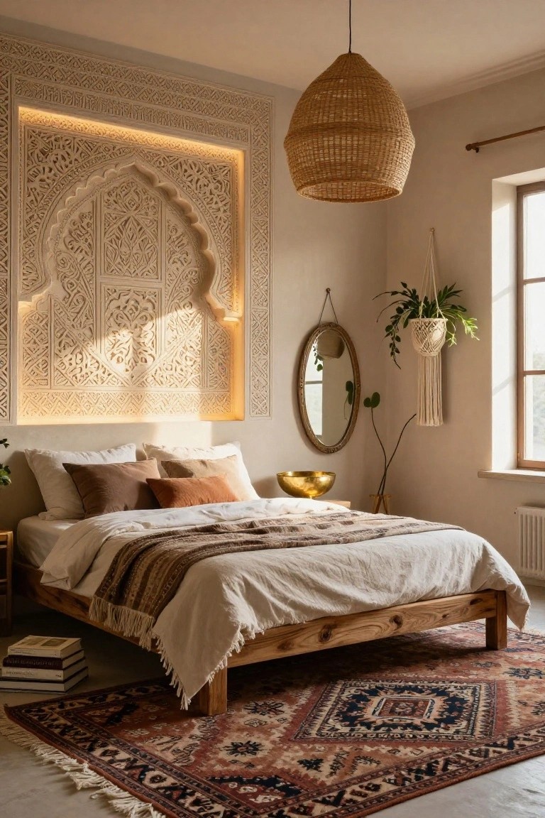 A bedroom with a large backlit carved Moroccan arch wall panel above a wooden bed draped in white linens and woven throws, rattan pendant light overhead, round mirror, plants, gold bowl, and patterned rug on the floor.
