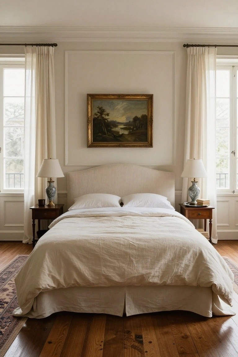 A cream-toned bedroom with an upholstered headboard bed centered between two windows draped in sheer curtains, flanked by wooden nightstands with blue-and-white ginger jar lamps, a gold-framed landscape painting above the bed, hardwood floors, and an oriental rug.
