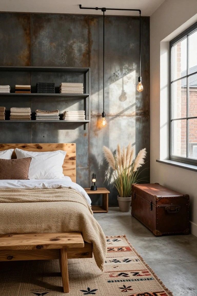 A bedroom with a tall rusted corrugated metal wall panel behind a wooden bed frame, flanked by metal shelves holding linens and books, pendant lights hanging from pipes, pampas grass in a pot, bedside table with lamp, vintage trunk, and patterned rug on concrete floor.