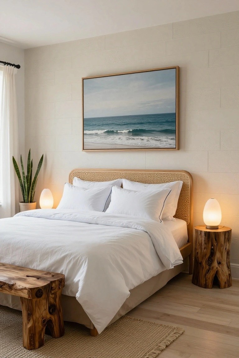 Bedroom with rattan headboard against light beige vertically textured plank wall, white bedding, wooden stump nightstands and bench, snake plant, and ocean wave artwork.