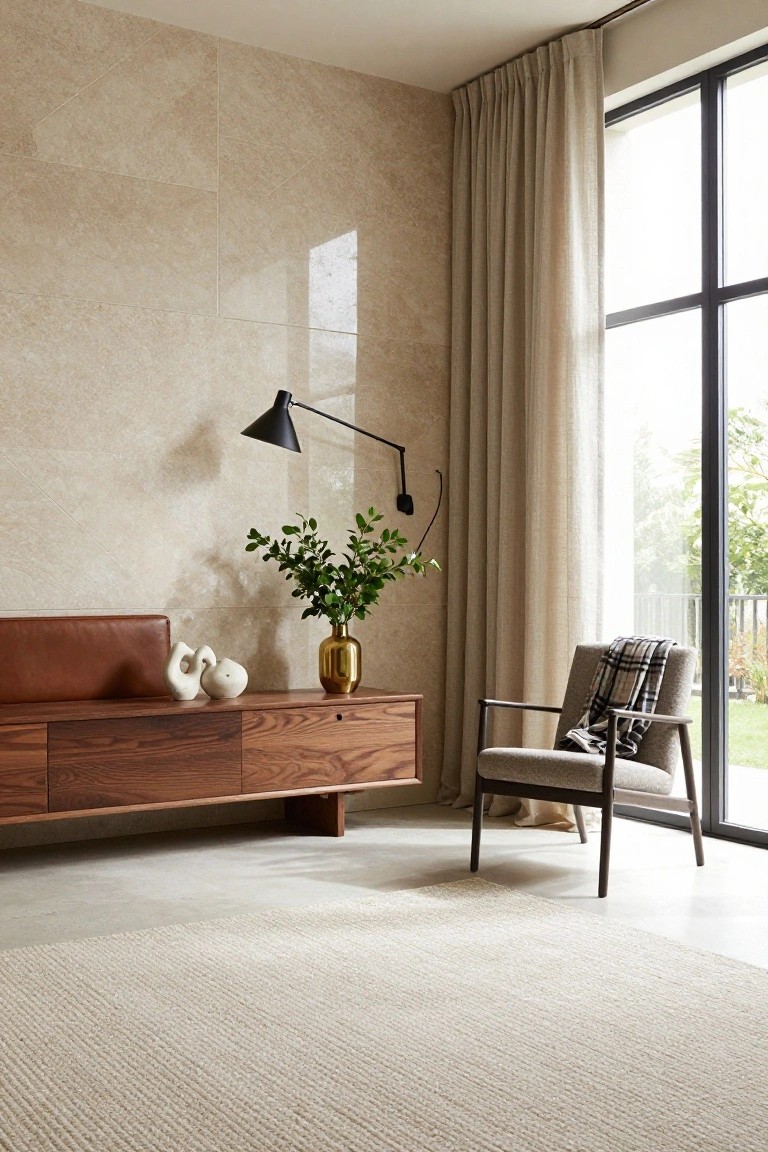 Modern bedroom corner with large beige textured tile wall, wooden credenza holding white ceramics and gold vase with green plant, gray armchair with plaid throw blanket, sheer linen curtains on floor-to-ceiling window overlooking garden, and light rug on concrete floor.