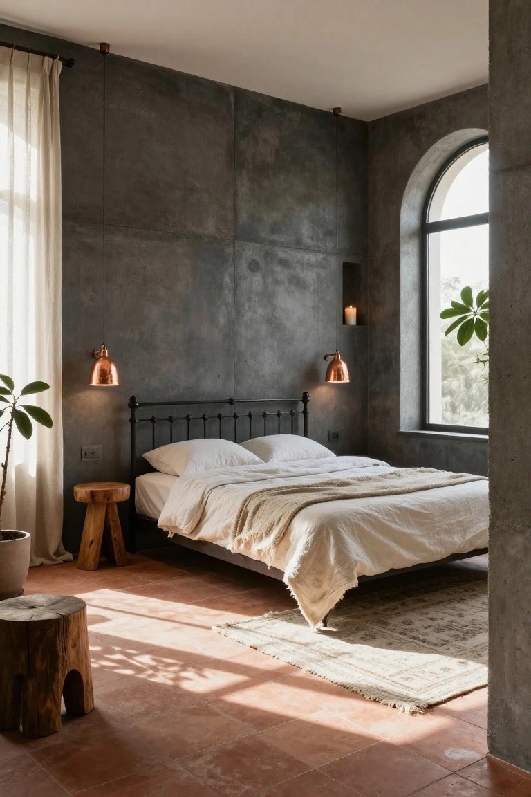 Bedroom with gray exposed concrete textured walls, black metal bed frame with white sheets and beige throw, copper pendant lights, wooden stool, potted plants, white curtains on arched window, terracotta tile floor, and woven rug.