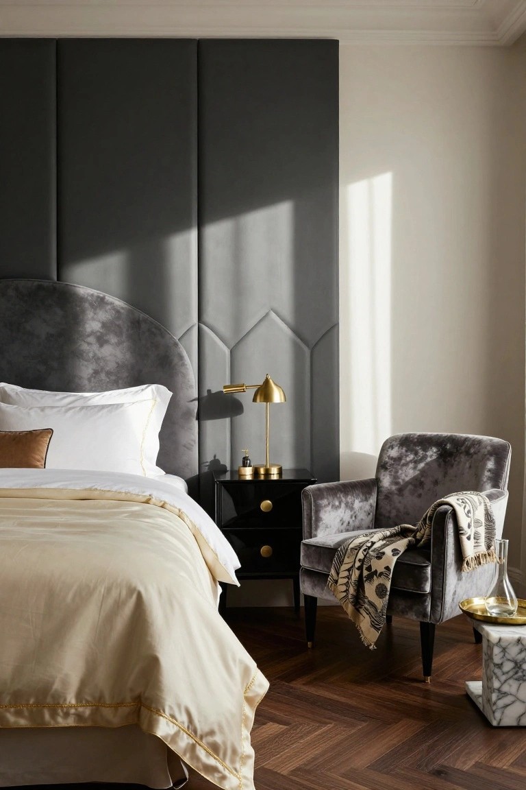A bedroom with dark gray tufted upholstered wall panels forming an arched headboard, beige bedding on the bed, black nightstand with gold lamp, and gray velvet armchair nearby on herringbone wood floor.