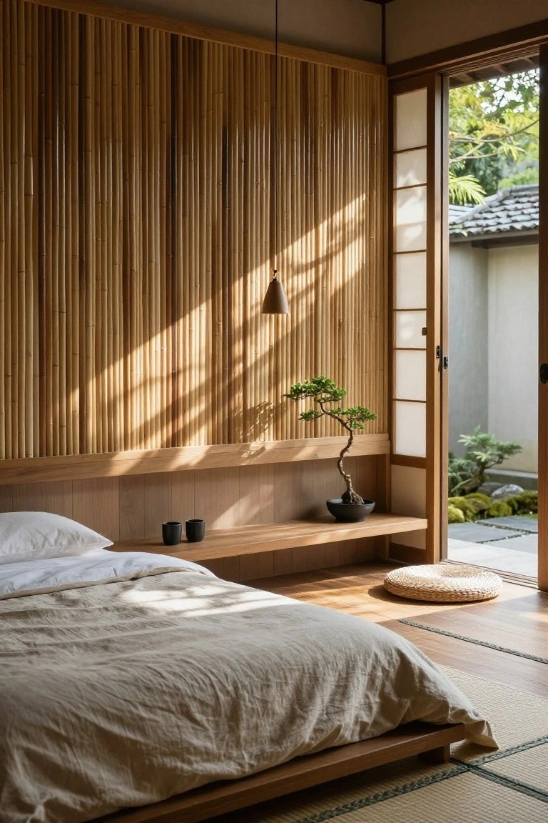 Bedroom interior with tall vertical bamboo slat wall panels behind a low wooden platform bed, black teacups on a shelf, bonsai tree in black pot, open shoji screen doors revealing a garden courtyard, tatami mat floor, and soft natural sunlight.