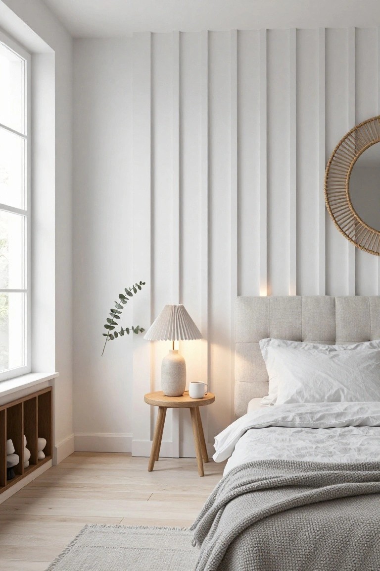 A bedroom corner with tall white vertical plank walls behind a beige tufted headboard bed dressed in white sheets and gray throw, a ceramic lamp and mug on an oak side table beside a window bench with white spheres, light oak floors, and a round rattan mirror.
