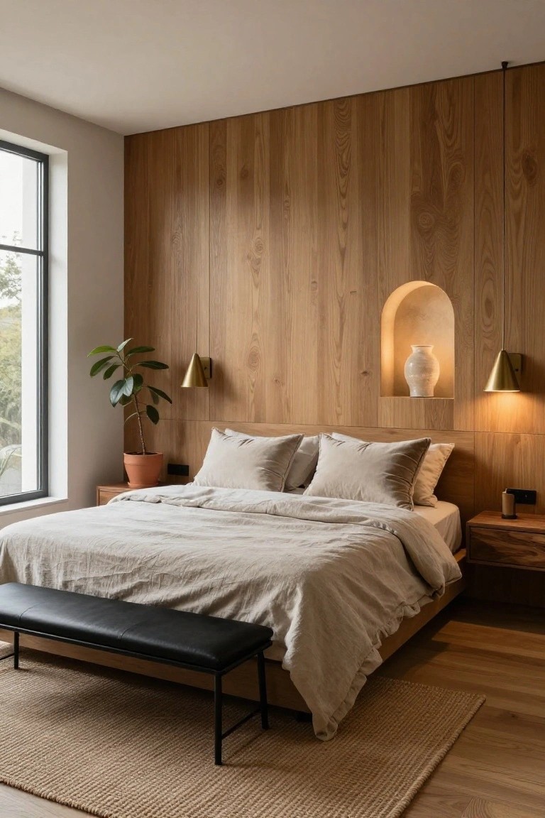 Bedroom with vertical light oak wood panel wall behind a bed with beige linens, arched niche in wall holding white vase lit by two gold sconces, potted plant on floor, wooden nightstand, black metal bench at bed foot, and large window.