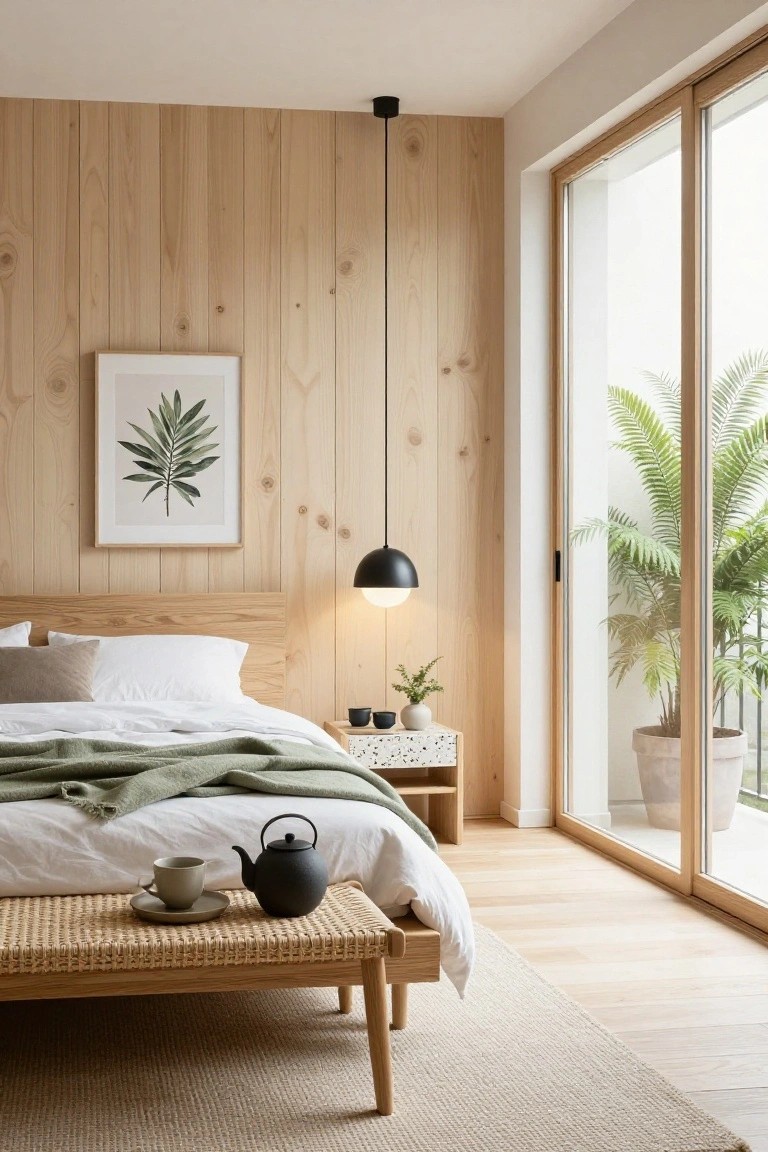 Modern bedroom with light vertical wood slat panels on one wall behind a low wooden bed with white sheets, green throw blanket, black pendant light, bedside table with plants and teapot, rattan bench, and large sliding glass doors to balcony with potted palm.