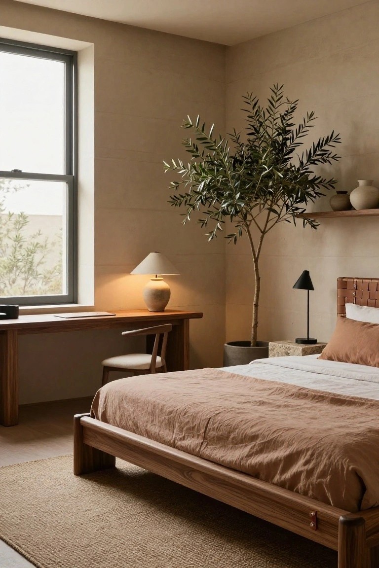 Bedroom with light beige textured plaster walls, wooden bed draped in terracotta linens, matching desk and chair, potted olive tree on shelf, and two table lamps.