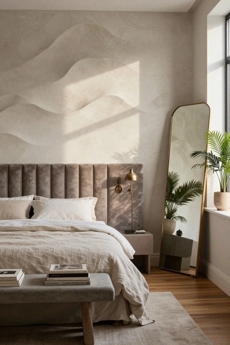 A bedroom with light beige walls textured in soft wavy patterns, gray tufted upholstered headboard and bed with white linens, brass floor lamp, tall gold-framed mirror next to a potted palm, wooden bench with stacked books at the foot of the bed, and hardwood floors.