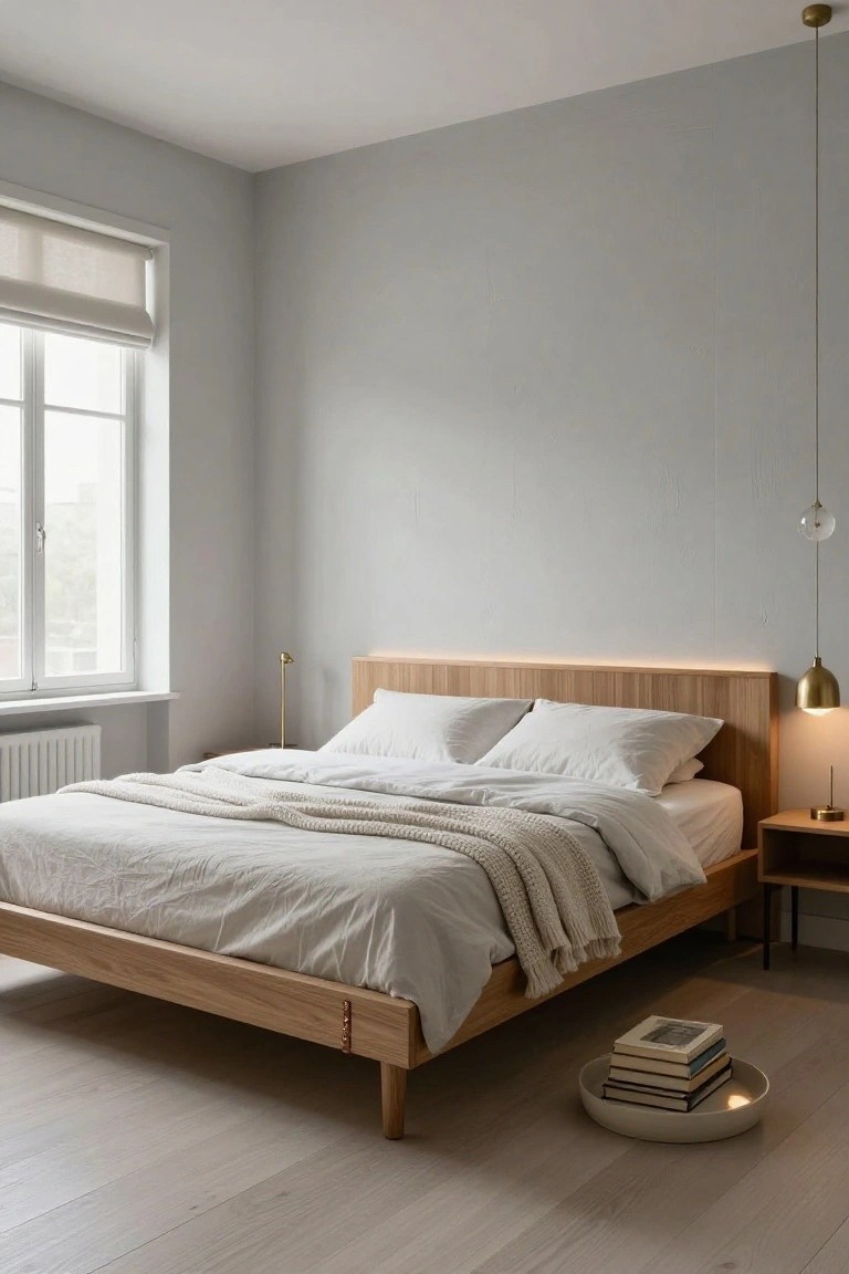 Modern bedroom with light oak vertical slat headboard featuring recessed LED lighting, white duvet and pillows on low platform bed, wood nightstand, gray walls, window blinds, pendant lights, and light wood floors.