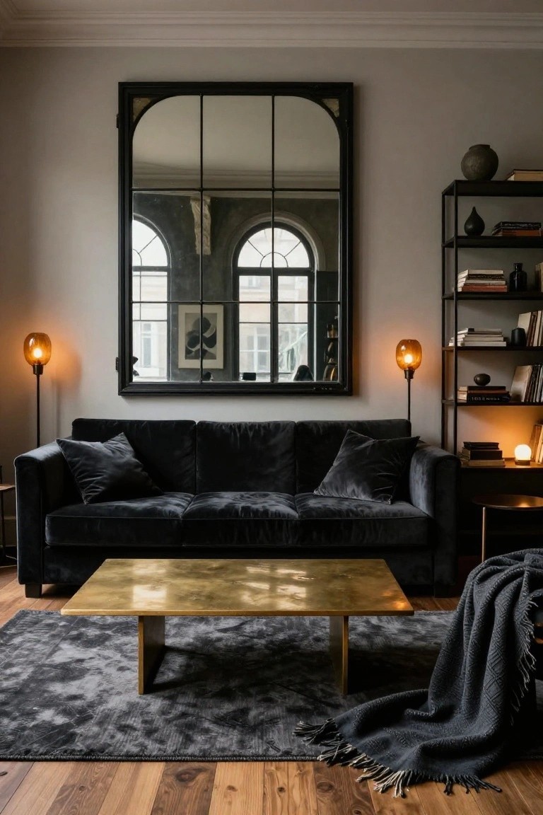 Black Framed Mirror Reflects Arched Windows