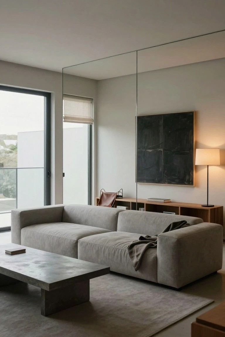 Modern living room featuring a gray sectional sofa, concrete coffee table, wooden shelving with books, large black abstract painting, floor lamp, and a full-height mirror wall adjacent to floor-to-ceiling windows with a view of a balcony.