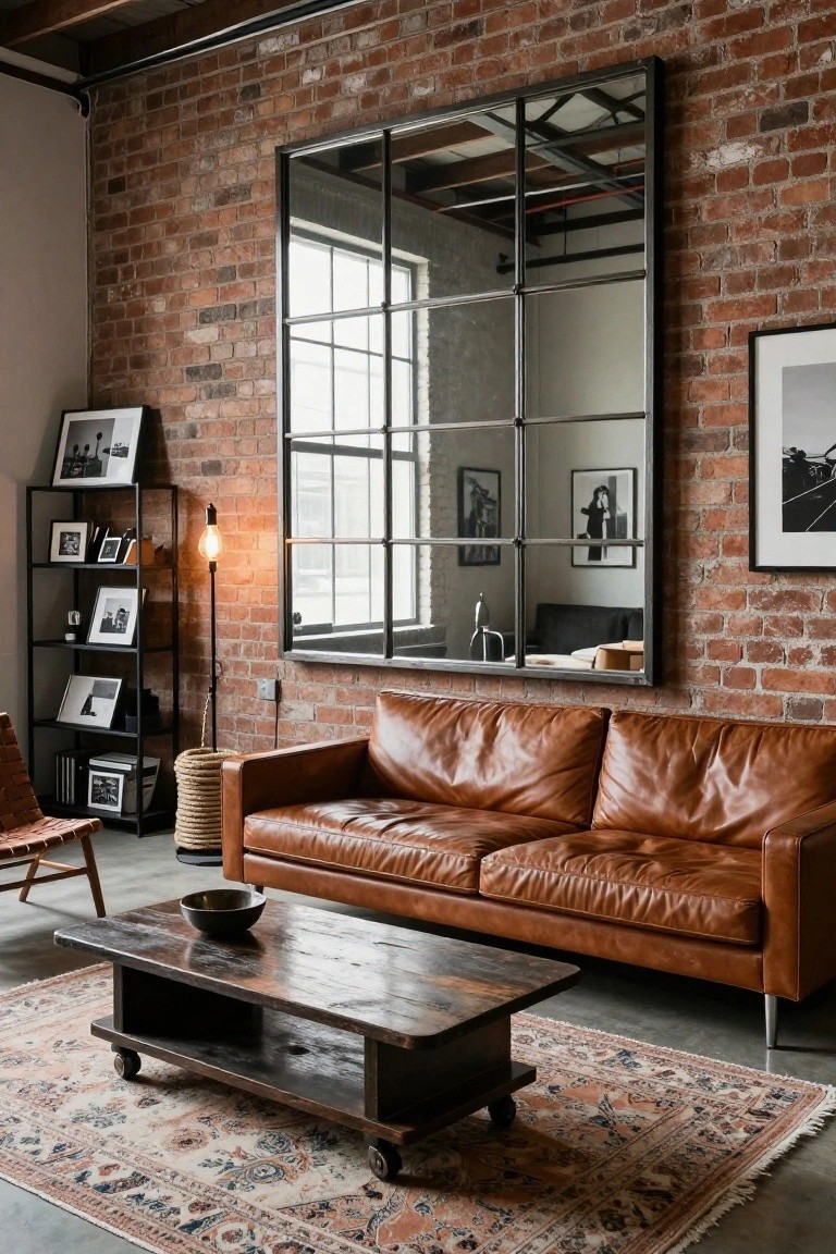 Living room with exposed brick walls, large black metal-framed grid mirror mounted on wall reflecting tan leather sofa and interior, wooden coffee table on wheels, rattan basket, floor lamp, black metal shelving with photos, and orange rug.