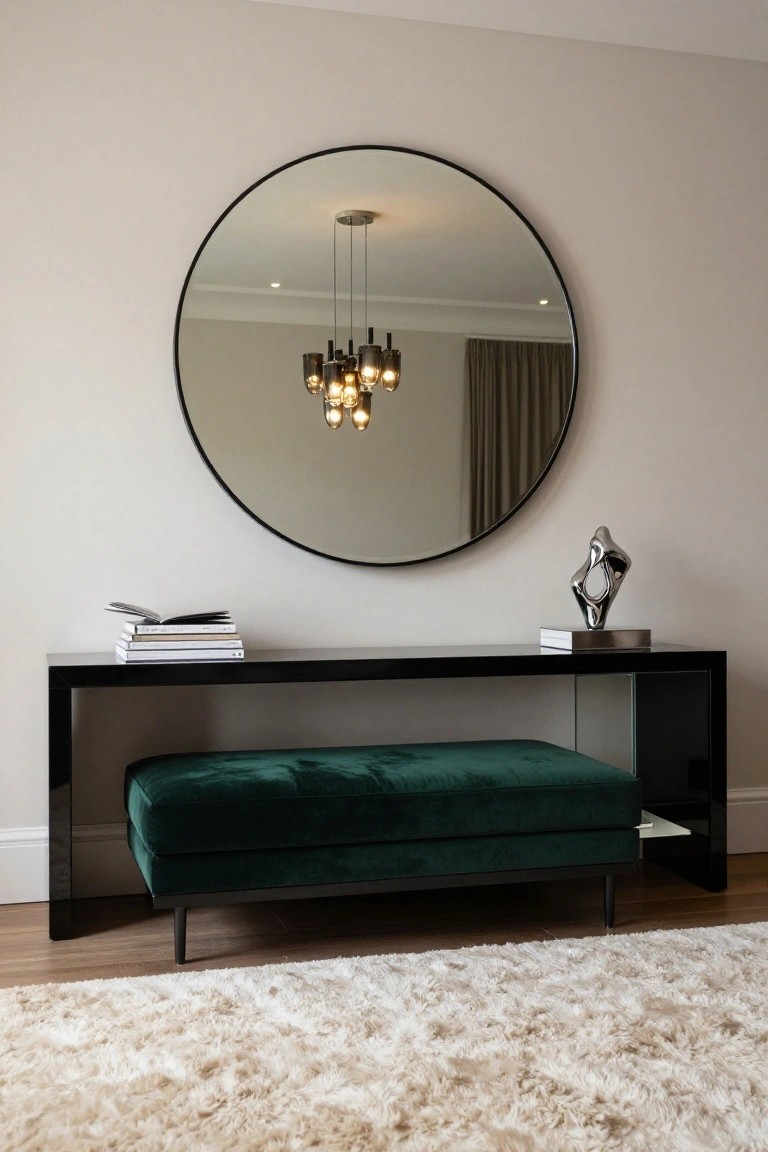Large round black-framed mirror above glossy black console table with stacked white books, silver abstract sculpture, and green velvet ottoman on wood floor with cream shag rug in beige room.