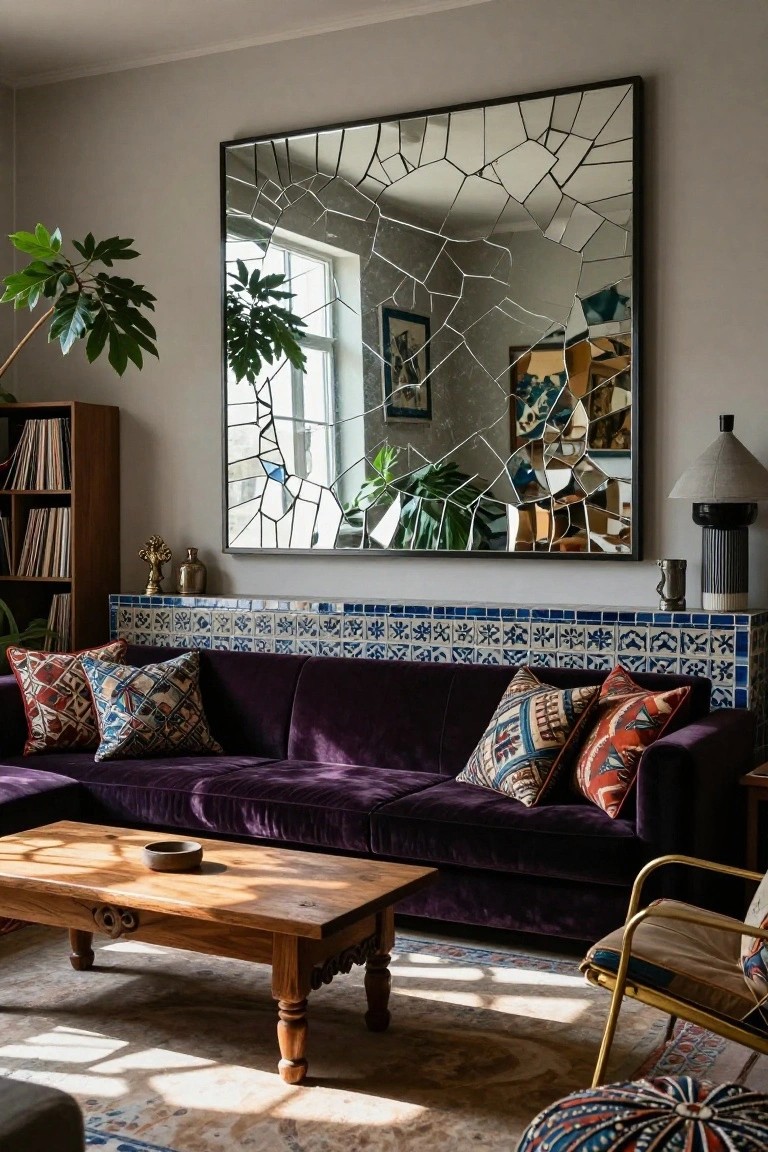 A living room with a large black-framed mirror featuring shattered glass panes on the wall, reflecting a purple velvet sofa, wooden coffee table, plants, bookshelves, and tiled ledge.
